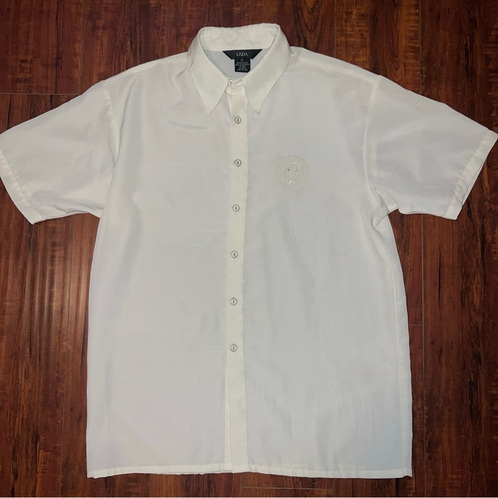 LADA Lion face Casual Button Down dress shirts Sz Large Ivory preowned condition